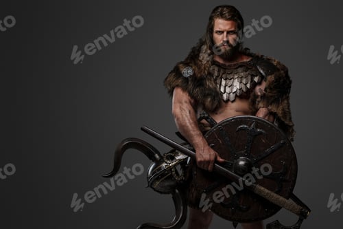 Preview: A fearless Viking warrior with a majestic beard adorned in fur and light armor