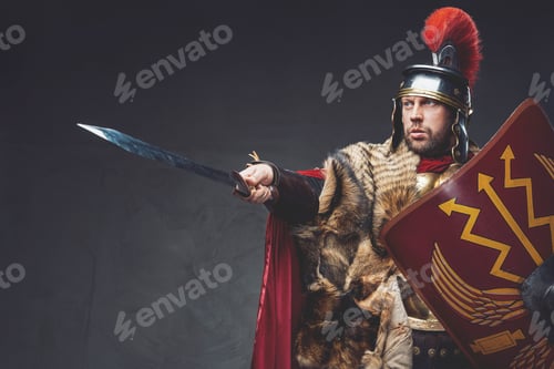 Preview: Roman general with shield pointing his sword