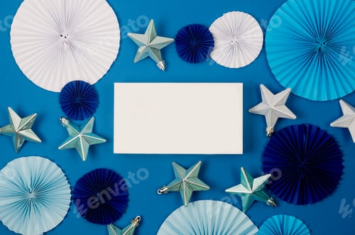 Preview: Christmas background with white boxes mokup, baubles, branches and ribbon on blue.