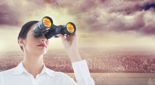 Preview: Business Woman Looking Through Binoculars Against Balcony Overlooking City
