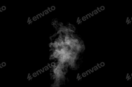 Preview: Curly white steam rising up and splashing water scattering in different directions isolated on black