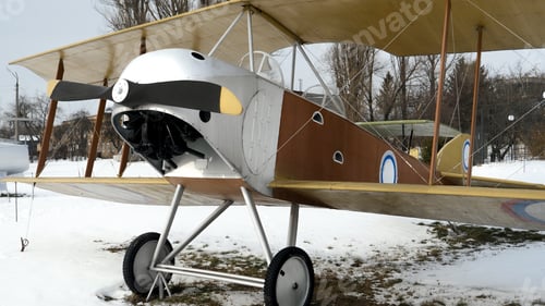 Preview: Old retro biplane in open-air museum. Ukraine, Kyiv, Zhulyani museum, January 2022