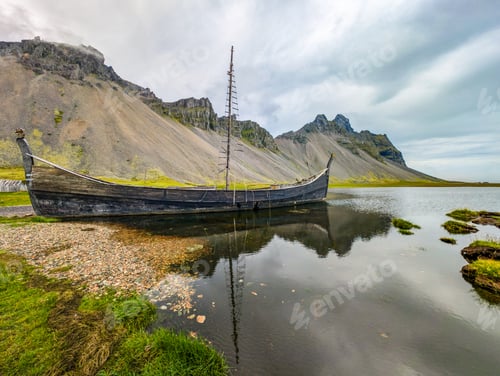 Preview: Vestrahorn mountain with black sand beach and Viking village, Iceland.