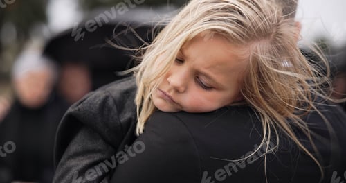 Preview: Sad, sleeping and a child with father at a funeral with comfort for depression while mourning. Tire