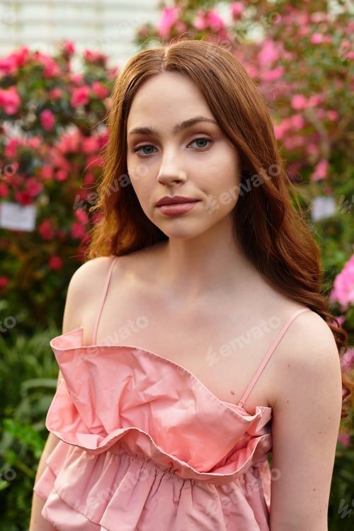 Preview: Beautiful young woman enjoying a serene moment in a vibrant greenhouse filled with blooming flowers