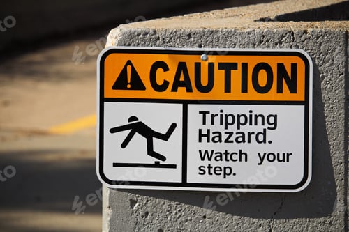 Preview: Caution tripping hazard sign on a wall