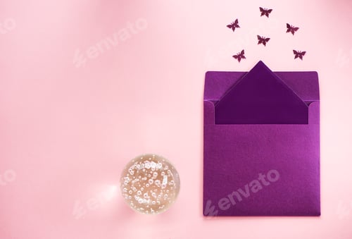 Preview: Envelope with a postcard, a press for papers and butterfly decoration.