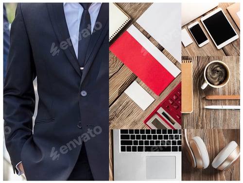 Preview: Collage Or Collection Of Businessman Working Tools On A Wooden Table
