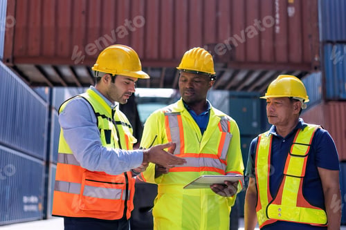 Preview: 3 engineer working in container storage yard talking about quality prepare to delivery