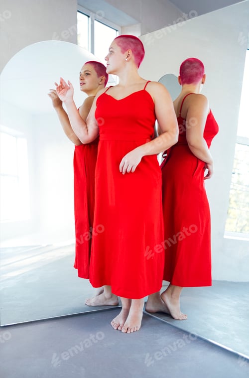 Preview: Beautiful relaxed woman in red long dress and red shot hair looking to the mirro