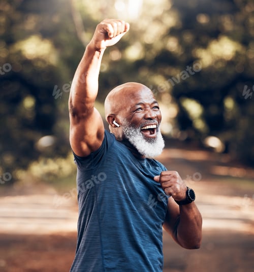 Preview: Park, success and running, winning black man excited and celebration at fitness run in nature with