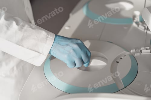 Preview: Close up of male scientist in uniform working in medical research laboratory use special equipment