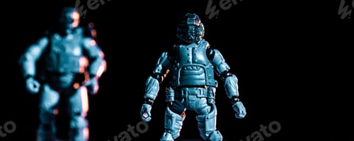Preview: selective focus of toy plastic soldiers isolated on black, panoramic shot