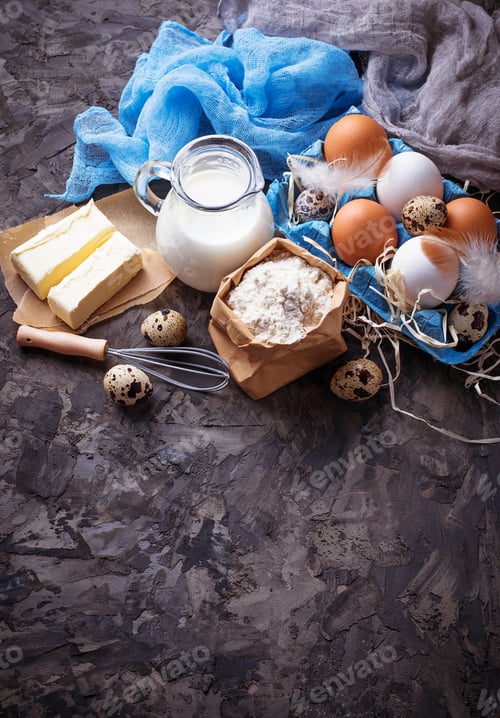 Preview: Ingredients for baking. Milk, butter, eggs, flour