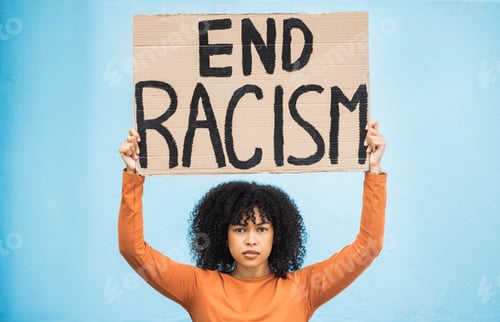 Preview: Black woman protest, poster and anger at racism, fight for equality, human rights and freedom isola
