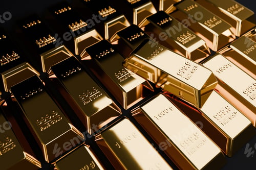 Preview: Golden bars. Close-up of numerous gold ingots (999.9 fine gold) stacked in rows