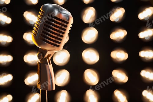 Preview: Retro microphone with abstract lights background.