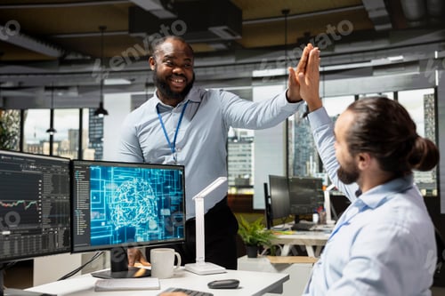Preview: Happy traders doing high five, pleased after gaining money by using AI