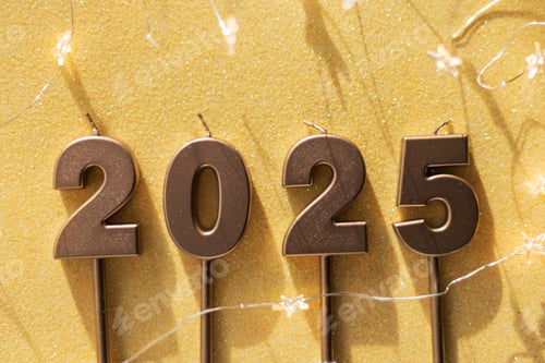 Preview: Golden New Year 2025 candles with stars, lights and gold balls lie on a gold background.