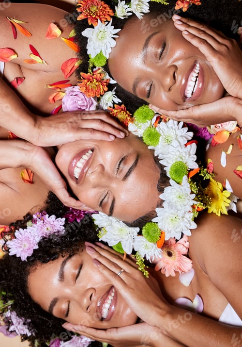 Preview: Black woman, flowers and face skincare beauty for cosmetics makeup or natural skin wellness. Africa