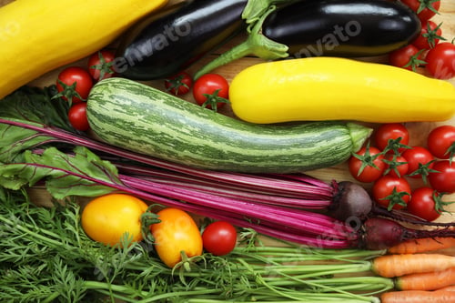 Preview: ripe vegetables laid out on the surface, top view