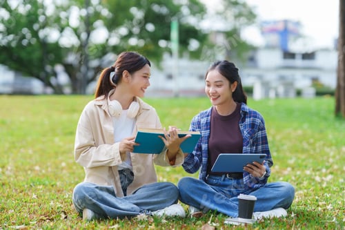 Preview: Students studying together on campus grass learning education