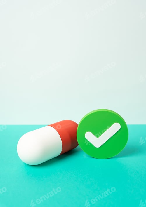 Preview: Medicinal capsule and green check mark of approval. Successful clinical trials and launch