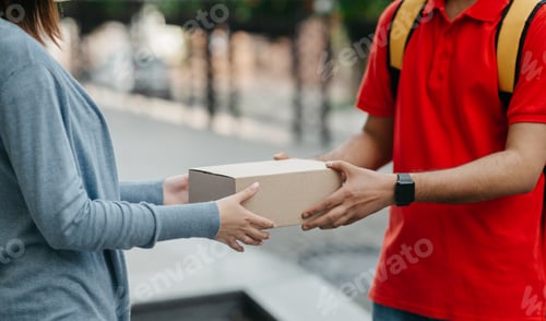 Preview: Online shopping and home delivery. Woman takes a box from courier with backpack