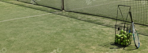 Preview: Tennis racket with a basket of balls, on a green background.