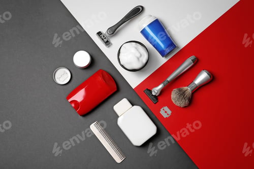 Preview: Flat lay composition with shaving accessories for men on color background
