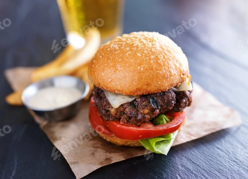 Preview: tasty gourmet burger with french fries and sauce