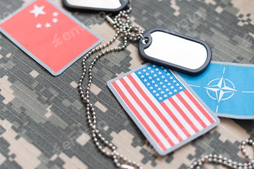 Preview: army blank, dog tag with flag of nato and vietnam on the khaki texture background. military concept