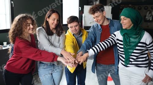 Preview: Group of people stacking hands together in community center, inclusivity and unity concept