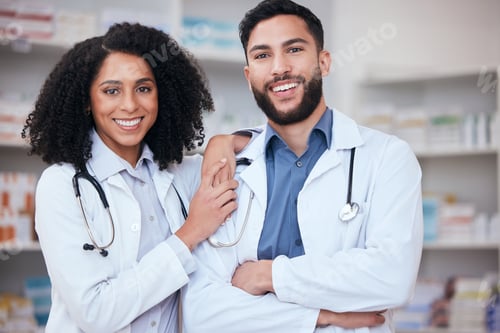 Preview: Pharmacy, portrait of pharmacist team for medical service, medicine and wellness in dispensary. Hea