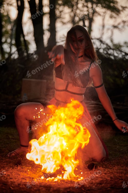 Preview: Girl fire dancing performance at outdoor art festival, smooth movements of female artist