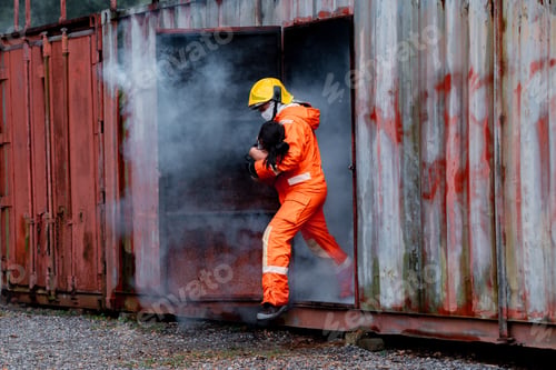 Preview: Firefighters safety using twirl water fog type fire extinguisher to fighting with fire from oil and
