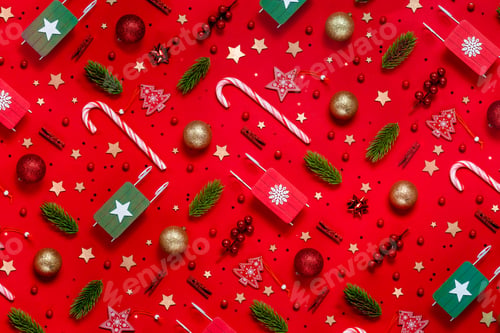 Preview: Festive new year pattern made of Christmas and new year decorations. Abstract holiday background