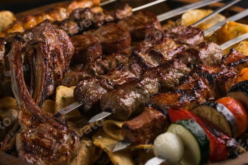 Preview: Assorted delicious grilled meat with vegetables sizzling over the coals on barbecue