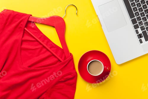 Preview: Bright Red Top, Coffee, Laptop on Yellow Surface