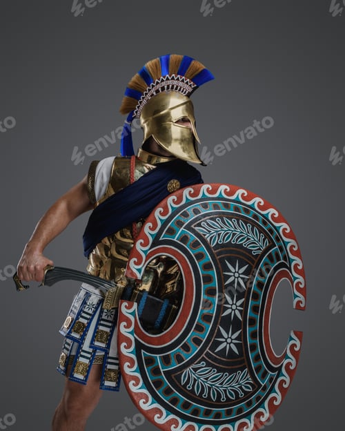 Preview: Furious greek warlord from past with sword and shield