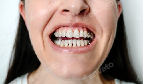 Preview: Woman with open mouth showing attachments and dental buttons for orthodontic treatment