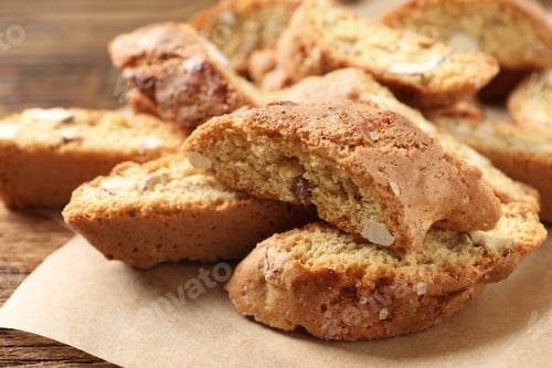 Preview: Traditional Italian almond biscuits (Cantucci) on table, closeup