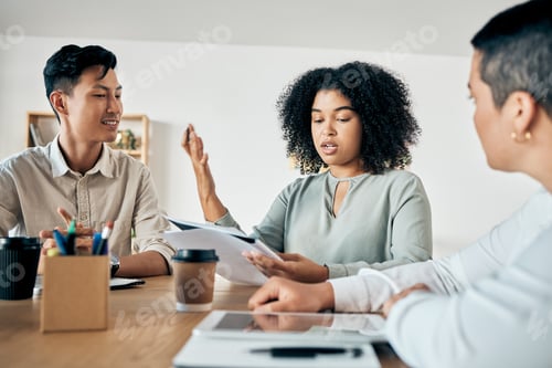 Preview: Diversity, business meeting and office woman in teamwork collaboration with kpi data paper, survey