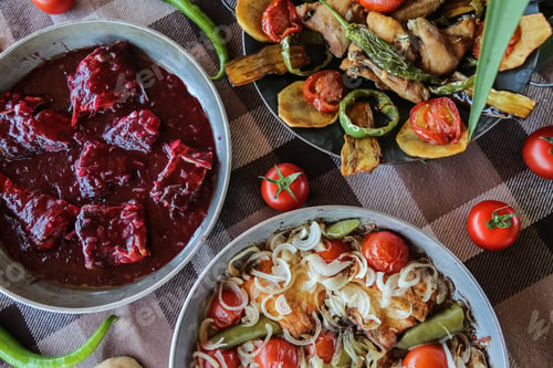 Vorschau: various dishes served in plates on the table top view