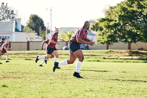 Preview: Rugby, sports and fitness with a team on a field together for a game or match in preparation of a c