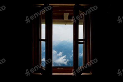 Preview: View through open window to mountain scenery, Lenggries, Bavaria