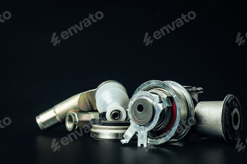 Preview: Metal car engine spare part on black background