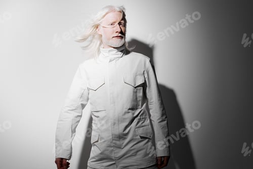 Preview: Modern man with long white hair in a white jacket, set against a minimalist light gray background