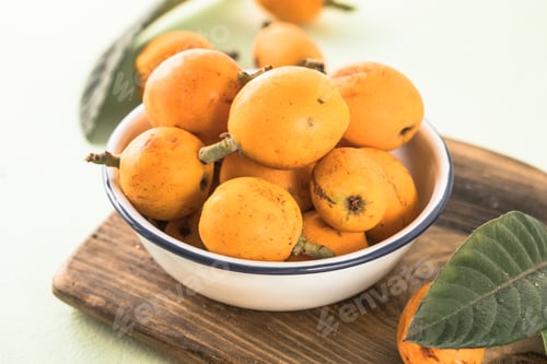 Preview: Ripe medlar fruit , Eriobotrya japonica, and green medlar leaves on wooden table. Top view