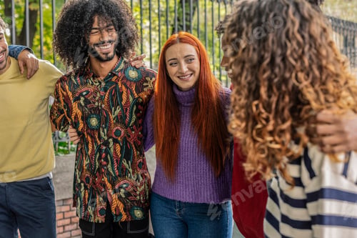 Preview: group of multiracial friends hugging outdoors